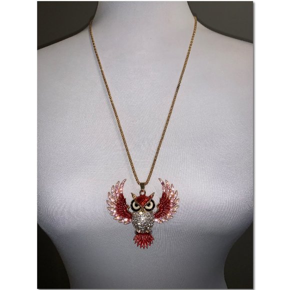 Betsey Johnson Sparkly Open Winged Crystal Owl Pendant Statement Necklace EUC - Picture 4 of 6
